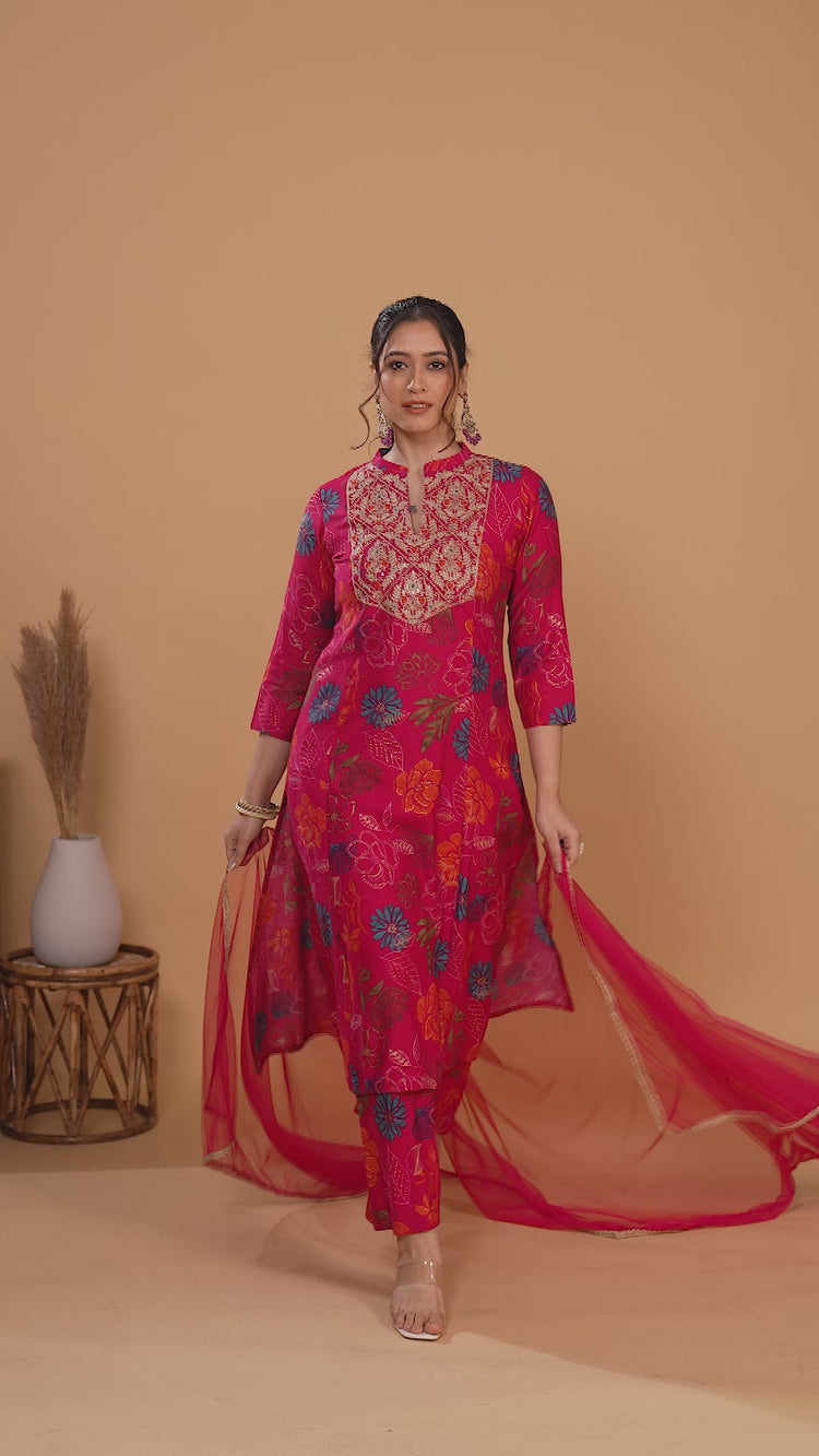 Rani Pink Floral Embroidered Straight Ethnic Set