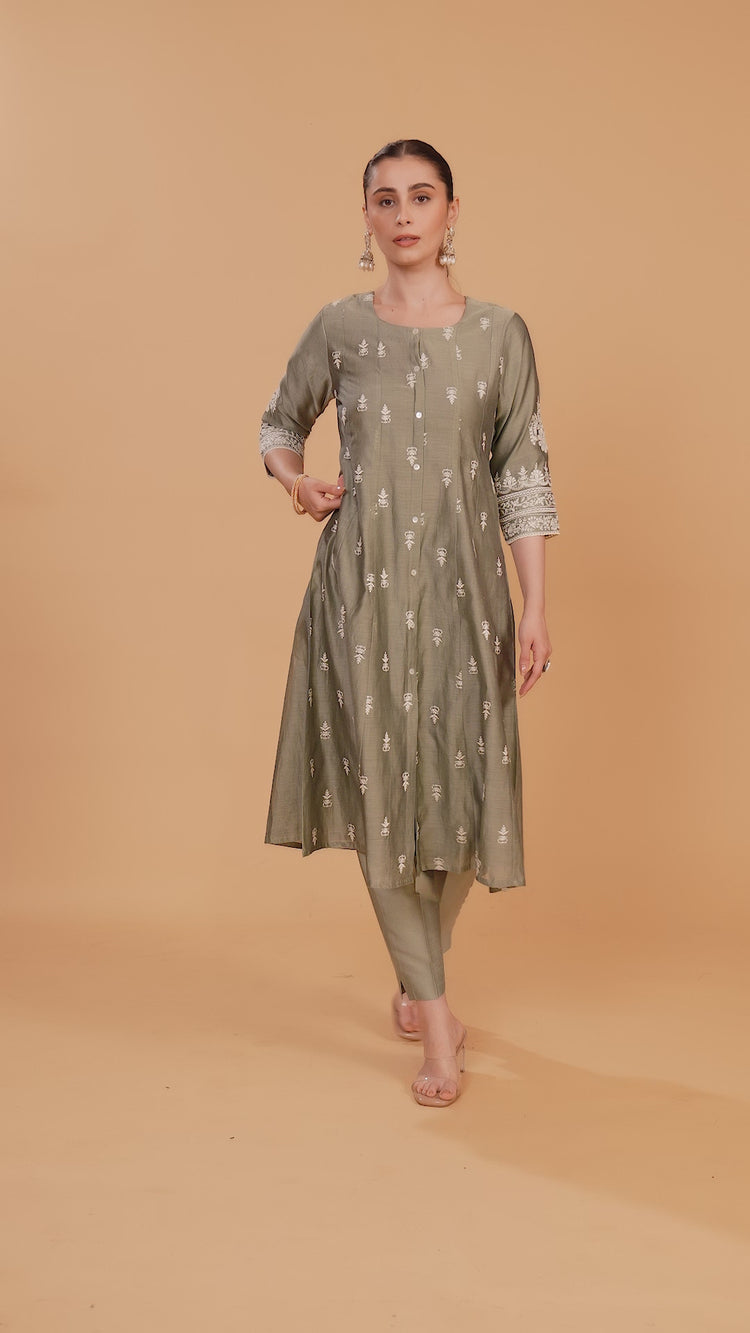 Gray Chanderi Embroidered A Line Kurta Pant Co ord Set