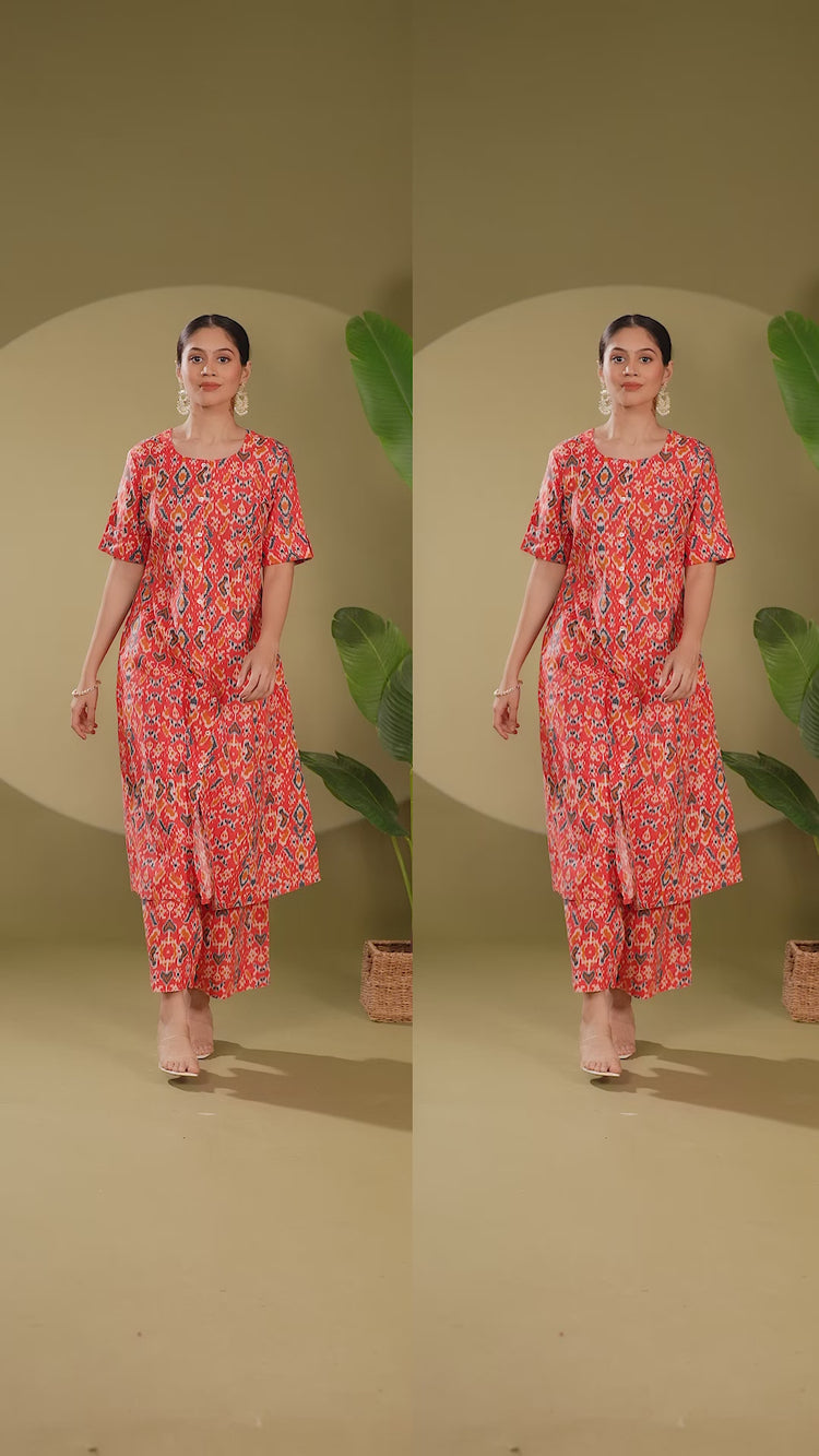 Coral Cotton Flex Printed A Line Kurta Pant Co ord Set