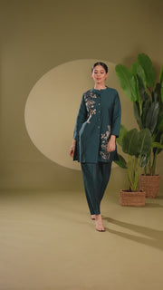 Teal PolySilk Embroidered Straight Kurta Pant Co ord Set
