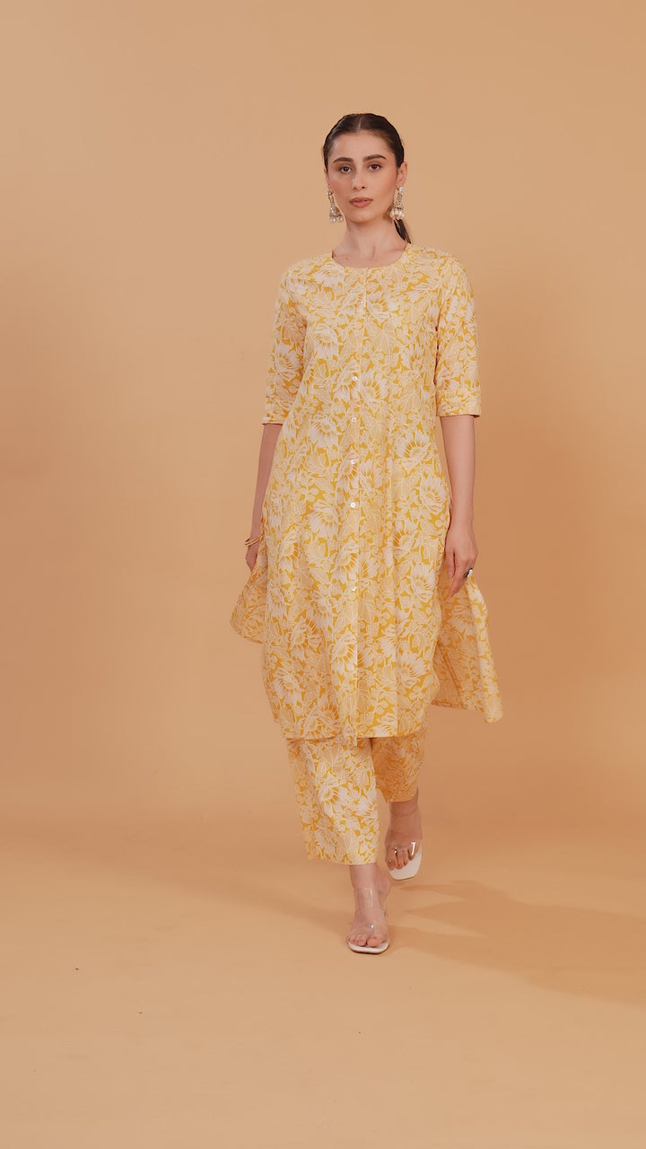 Yellow Jaipuri Cotton Printed A Line Kurta Pant Co ord Set