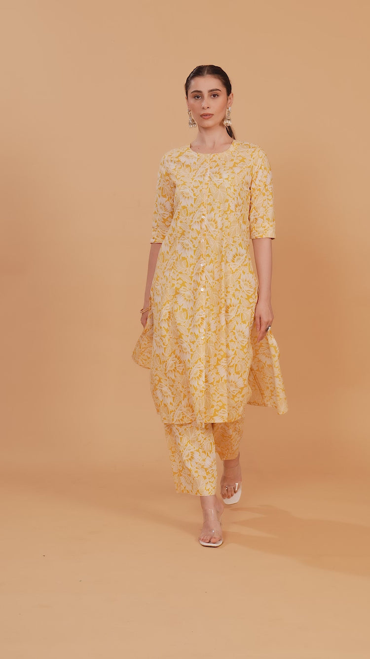 Yellow Jaipuri Cotton Printed A Line Kurta Pant Co ord Set