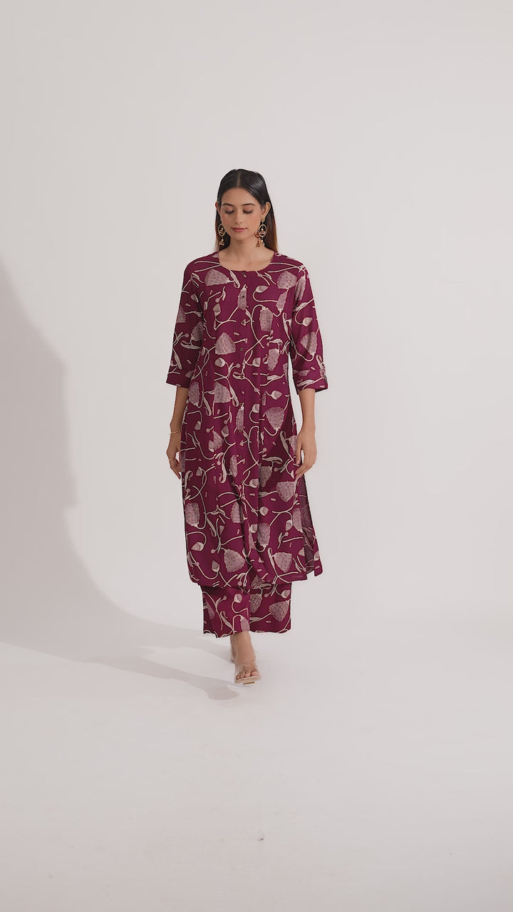 Maroon Rayon Floral Printed Straight Kurta Pant Co ord Set