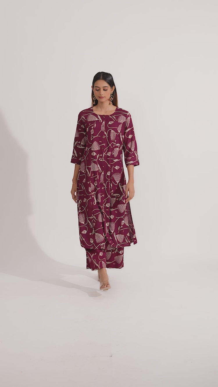 Maroon Rayon Floral Printed Straight Kurta Pant Co ord Set