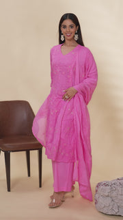 Baby Pink Embroidered Jacquard Cotton Straight Kurta Pant Dupatta Suit Set for women