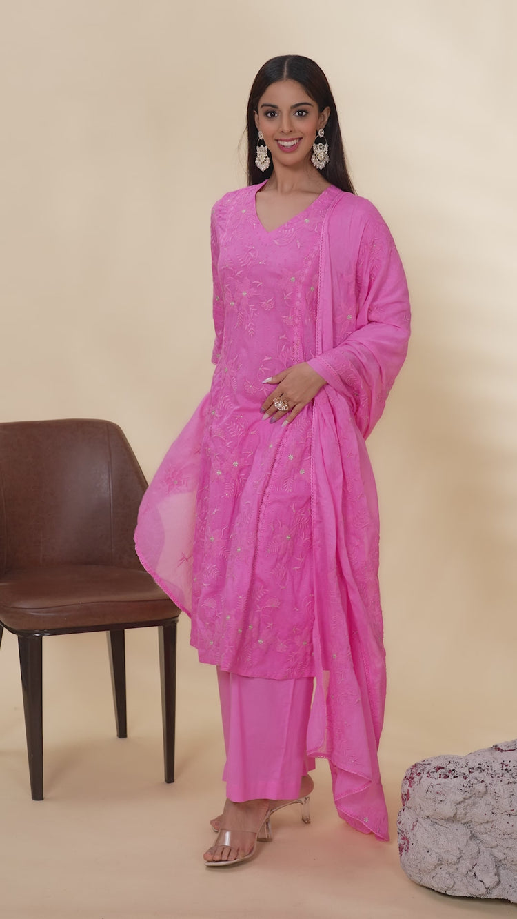 Baby Pink Embroidered Jacquard Cotton Straight Kurta Pant Dupatta Suit Set for women