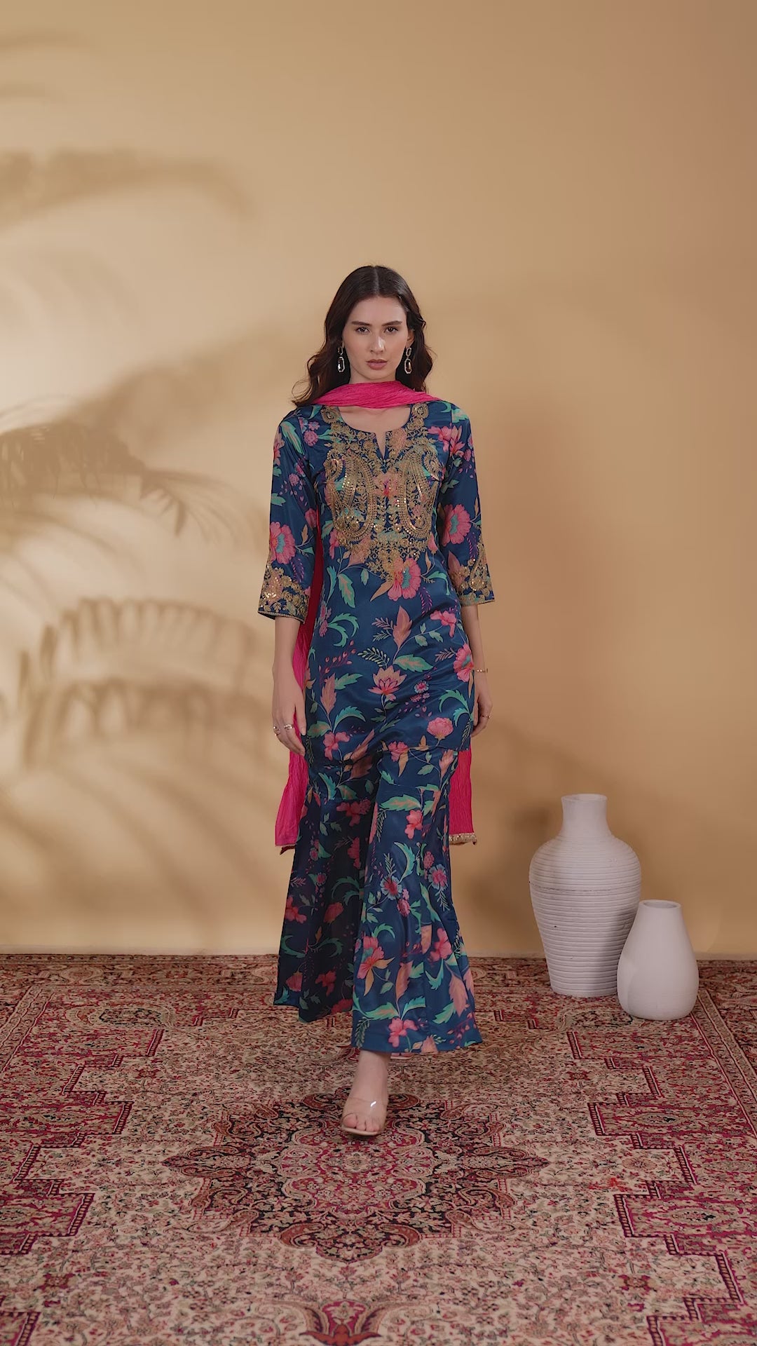 Navy Blue Chinnon Embroidered Kurta Pant and Dupatta Suit Set