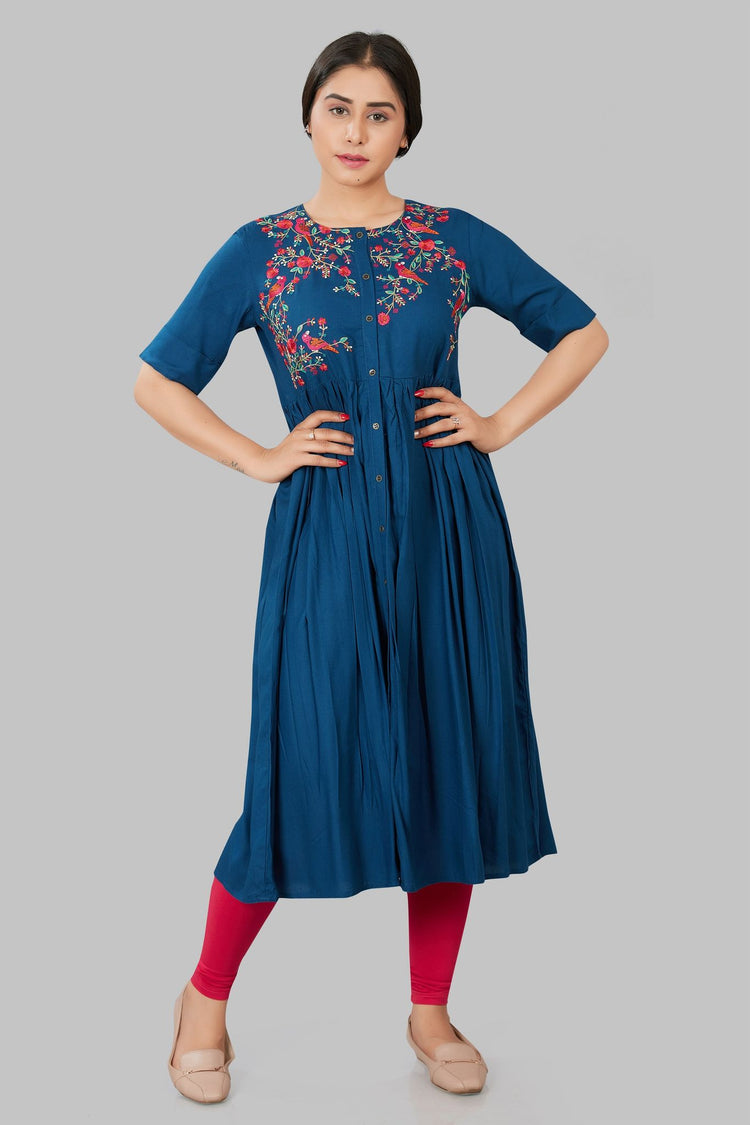 Rajeeyah Blue Rayon Embroidered A-Line Kurta