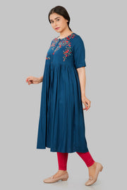 Rajeeyah Blue Rayon Embroidered A-Line Kurta