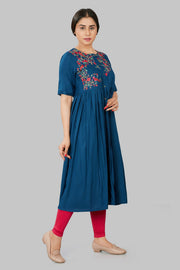 Rajeeyah Blue Rayon Embroidered A-Line Kurta