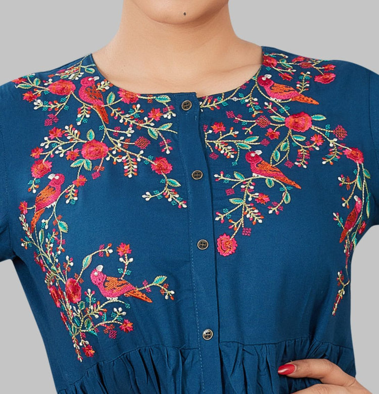 Rajeeyah Blue Rayon Embroidered A-Line Kurta