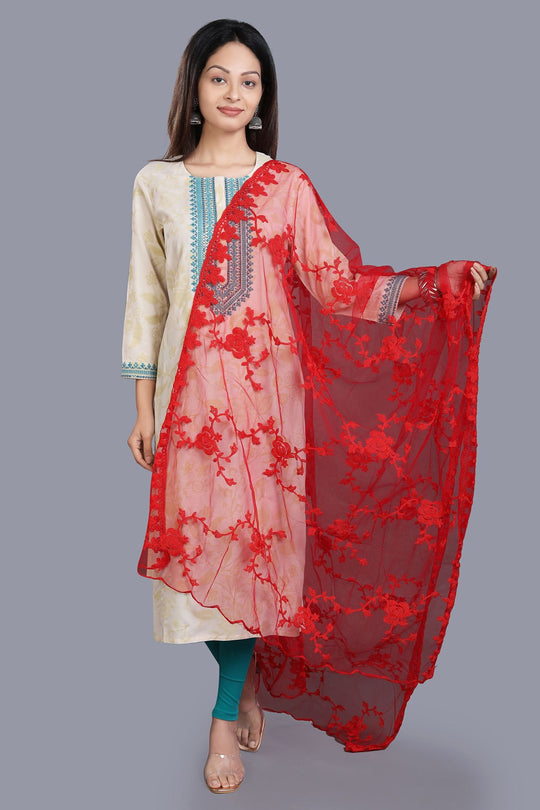 Red Embroidered Net Dupatta