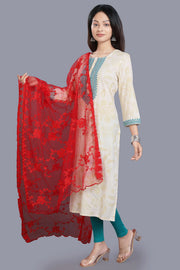 Red Embroidered Net Dupatta