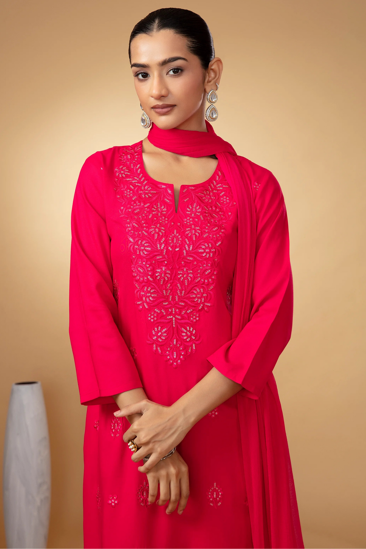 Women Rani Pink Embroidered Straight Fit Ethnic Suit Set