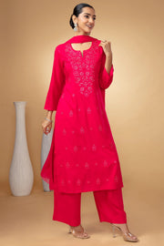 Women Rani Pink Embroidered Straight Fit Ethnic Suit Set
