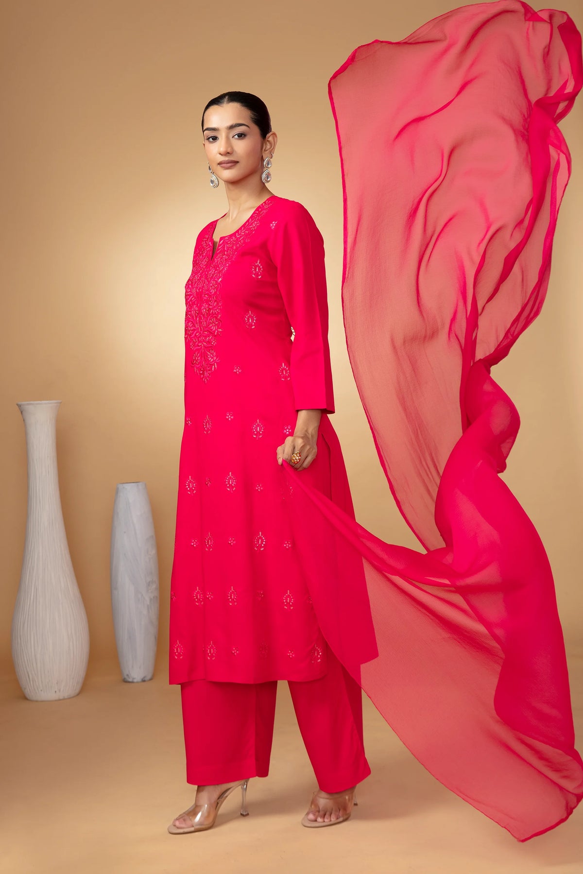 Women Rani Pink Embroidered Straight Fit Ethnic Suit Set