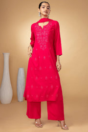 Women Rani Pink Embroidered Straight Fit Ethnic Suit Set