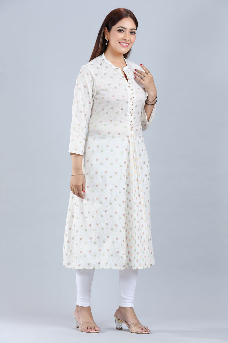 Cream Cotton A Line Printed Kurta