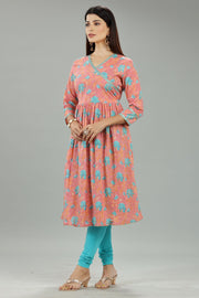 Peach Cotton A Line Printed Angrakha Kurta