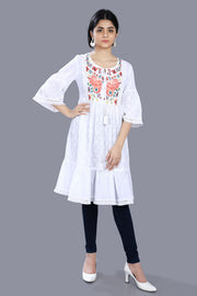 Sanem White Cotton Embroidered Pleated Kurti