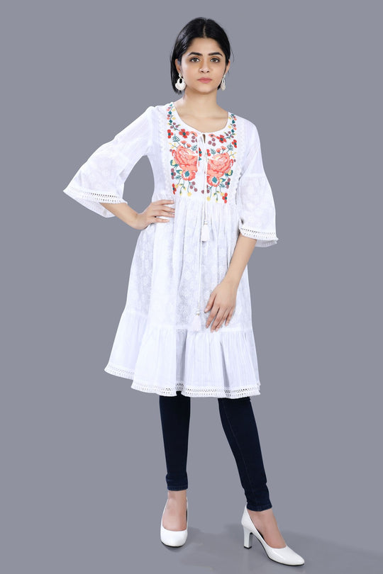 Sanem White Cotton Embroidered Pleated Kurti