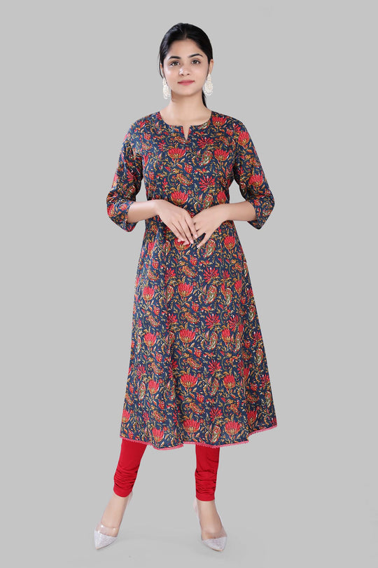 Shahnaz Navy Blue Jaipuri Cotton Printed Kurti