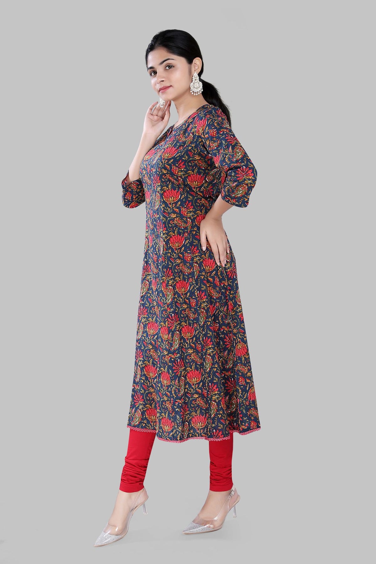 Shahnaz Navy Blue Jaipuri Cotton Printed Kurti