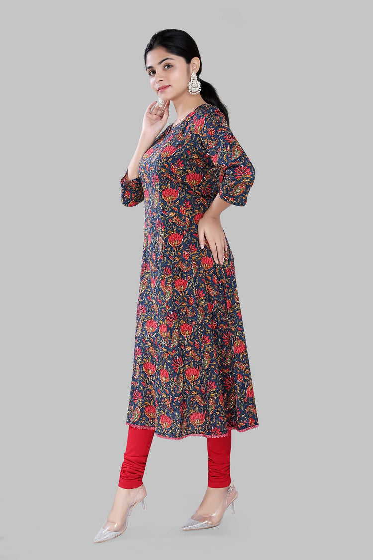 Shahnaz Navy Blue Jaipuri Cotton Printed Kurti
