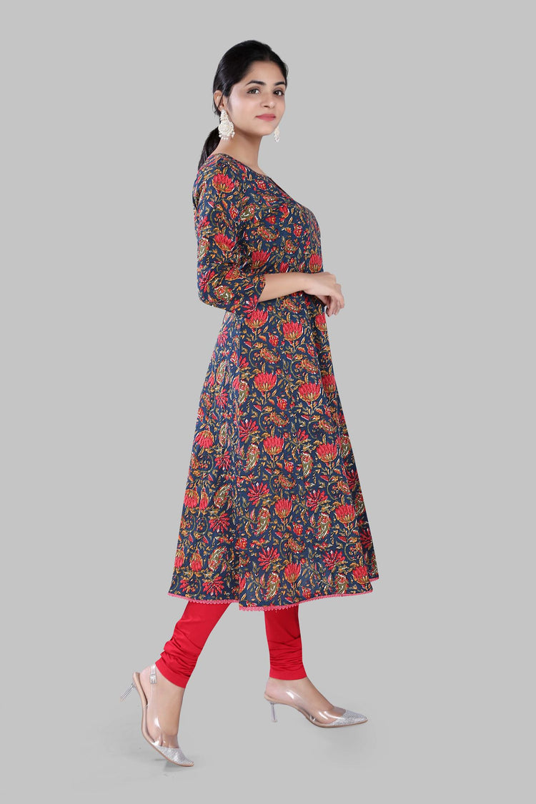 Shahnaz Navy Blue Jaipuri Cotton Printed Kurti