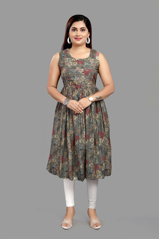 Shailly Gray Cotton Flared Sleeves Kurti