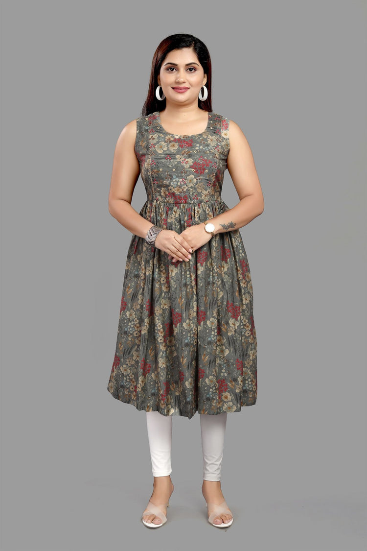 Shailly Gray Cotton Flared Sleeves Kurti