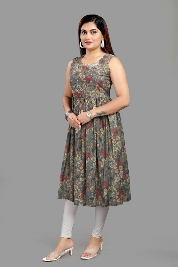 Shailly Gray Cotton Flared Sleeves Kurti