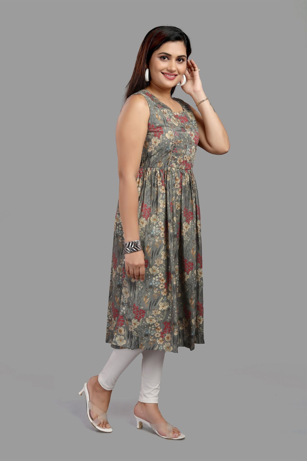 Shailly Gray Cotton Flared Sleeves Kurti