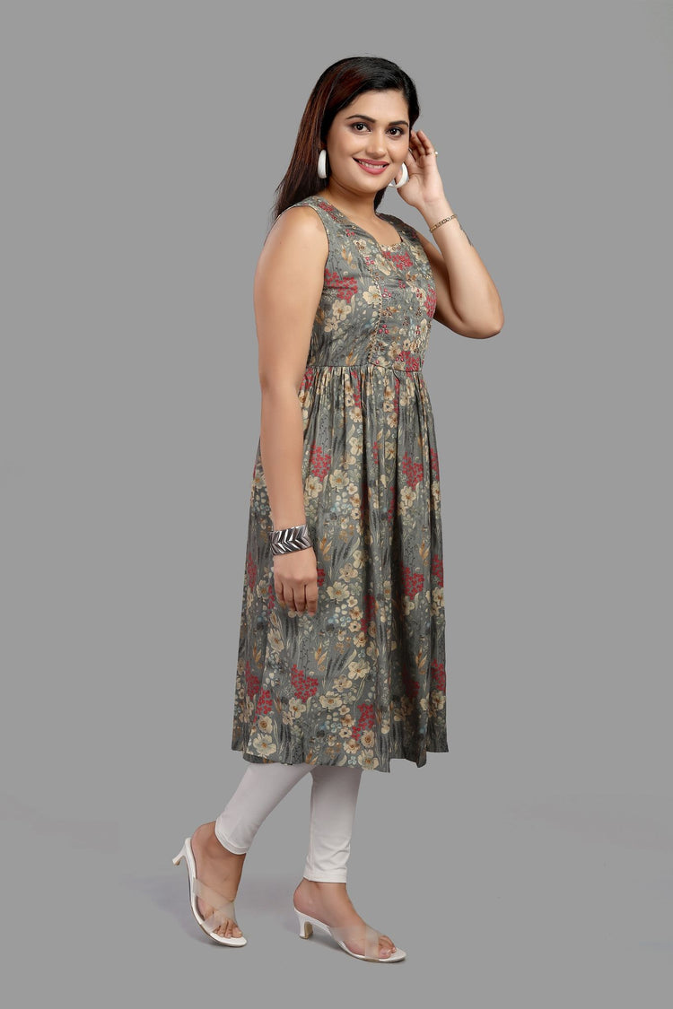 Shailly Gray Cotton Flared Sleeves Kurti