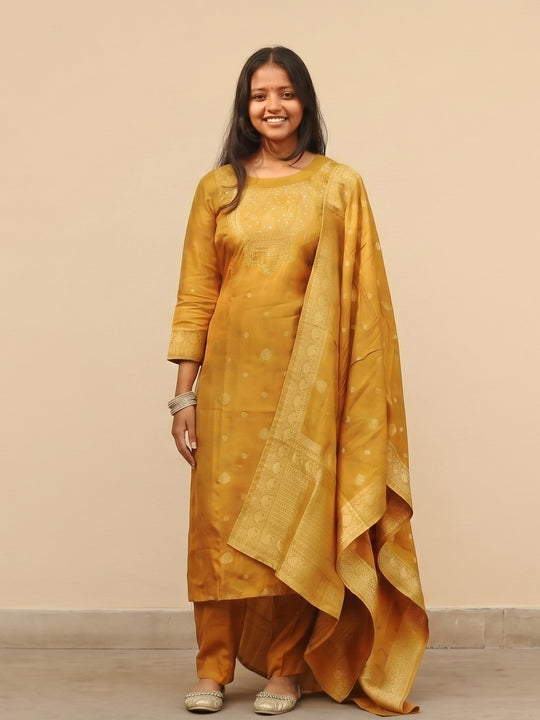 Dark Mustard Embroidered Kurta with Pant & Dupatta Ethnic Wear Suit