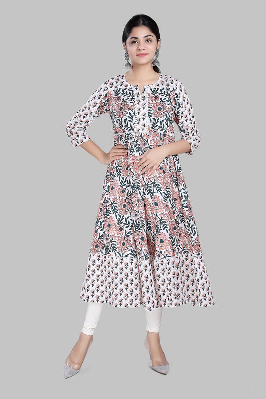 Sohana Off White Jaipuri Cotton Anarkali kurti