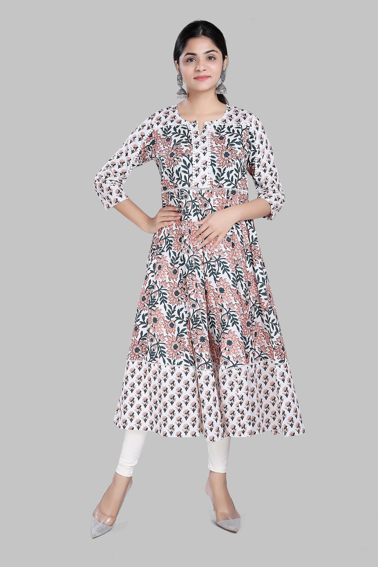 Sohana Off White Jaipuri Cotton Anarkali kurti