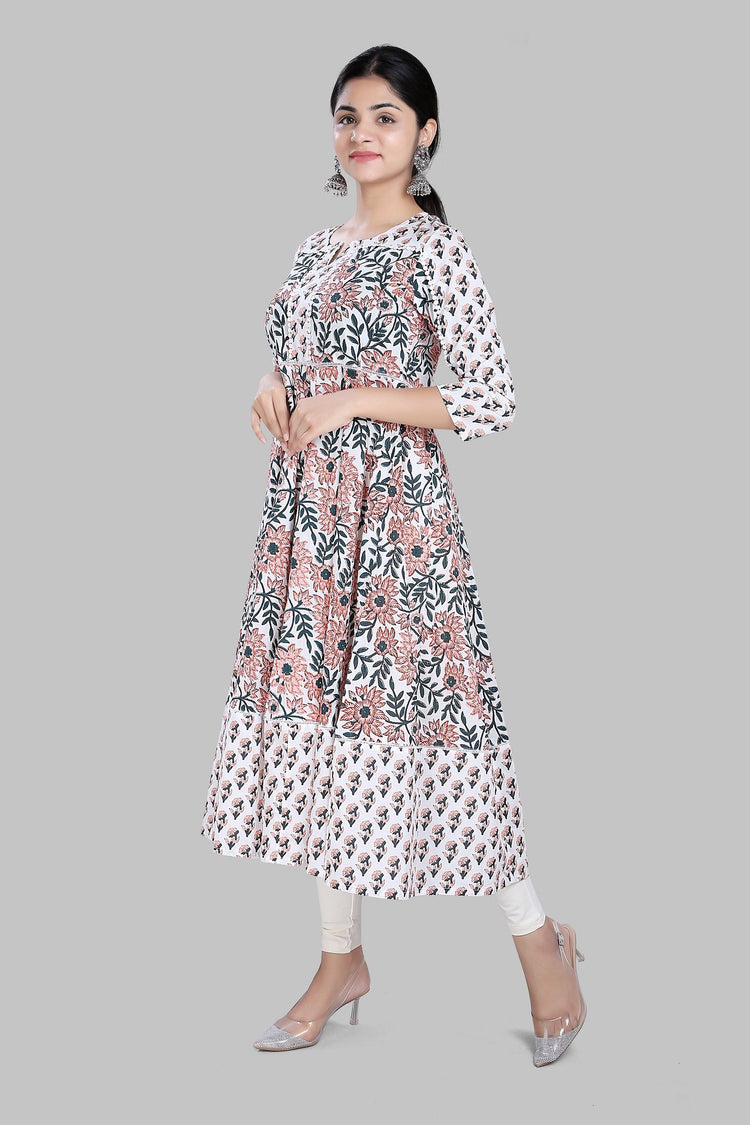 Sohana Off White Jaipuri Cotton Anarkali kurti