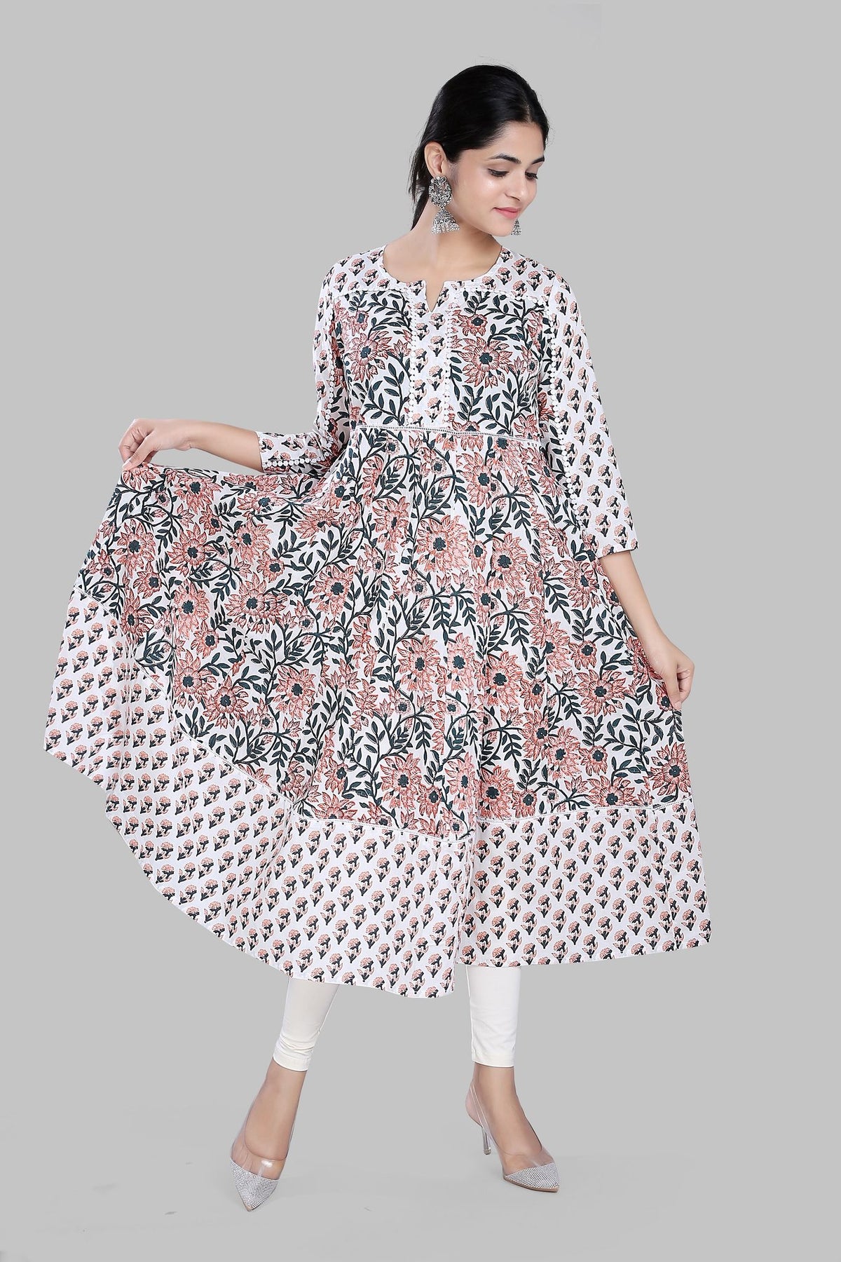 Sohana Off White Jaipuri Cotton Anarkali kurti