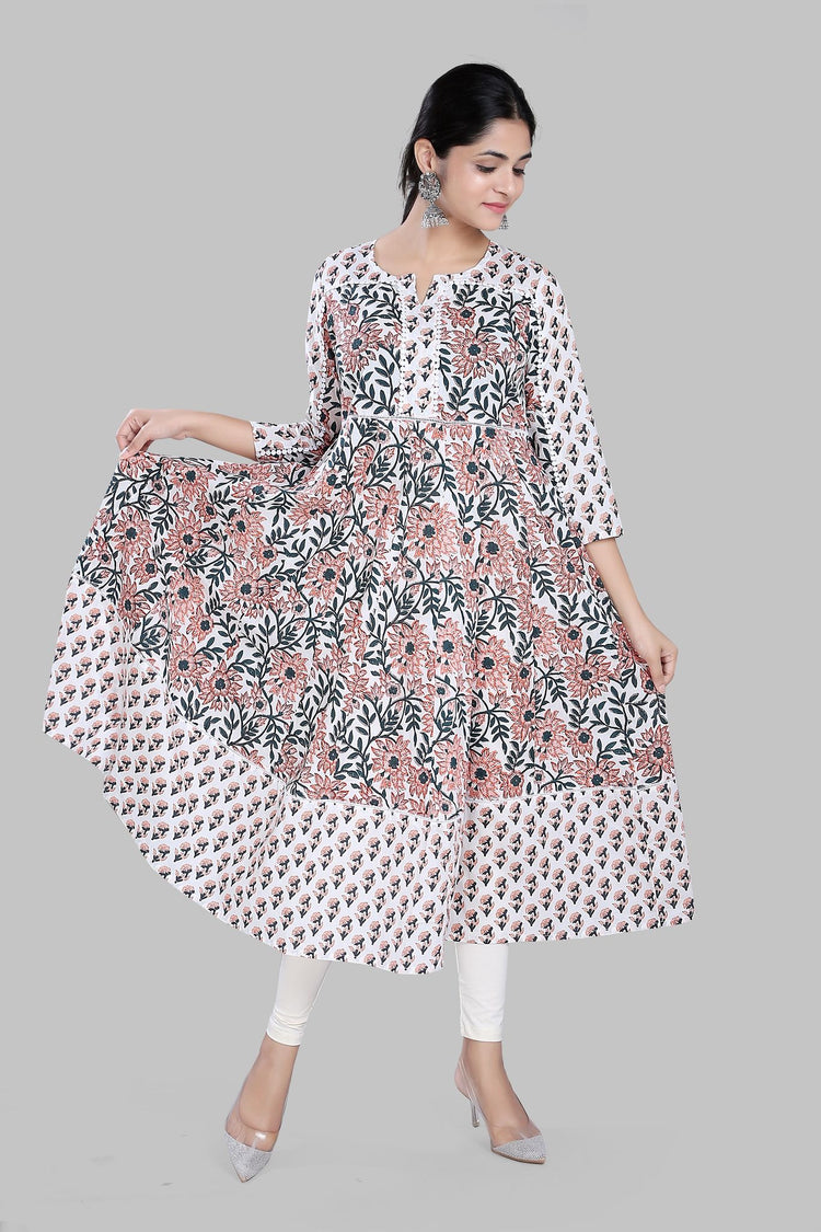 Sohana Off White Jaipuri Cotton Anarkali kurti
