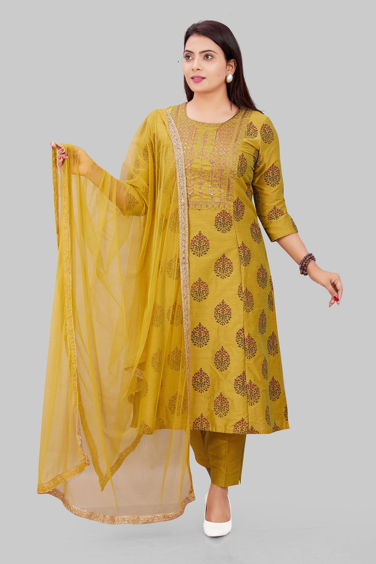 Stella Green Cotton Silk Embroidered Suit Set