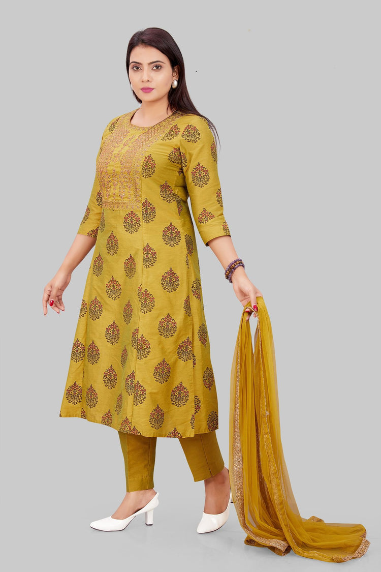 Stella Green Cotton Silk Embroidered Suit Set