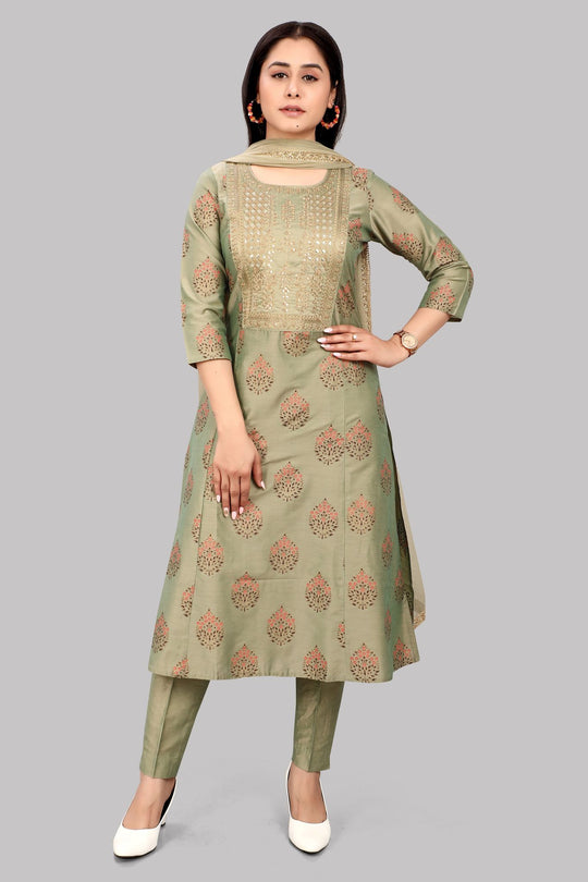 Stella Mehandi Green Cotton Silk Embroidered Suit Set