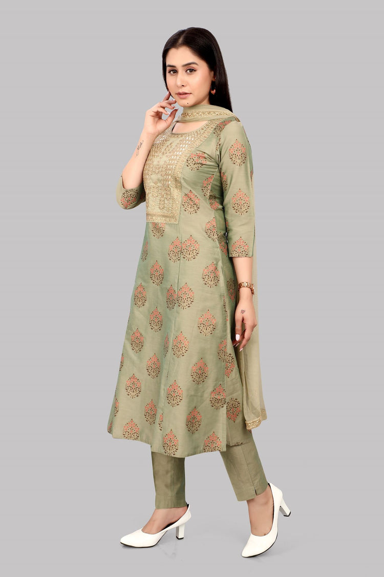 Stella Mehandi Green Cotton Silk Embroidered Suit Set