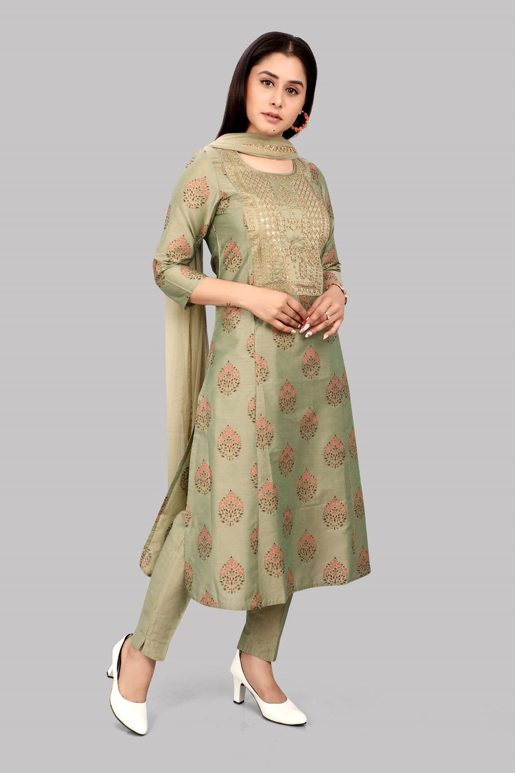 Stella Mehandi Green Cotton Silk Embroidered Suit Set