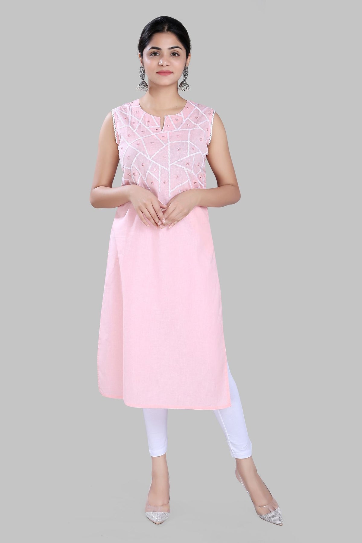 Sufia Baby Pink Cotton Sleeves Kurti