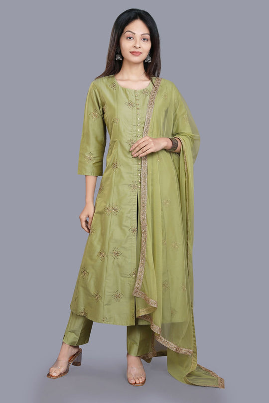 Swarupa Mehandi Green Cotton Silk Embroidered Suit Set