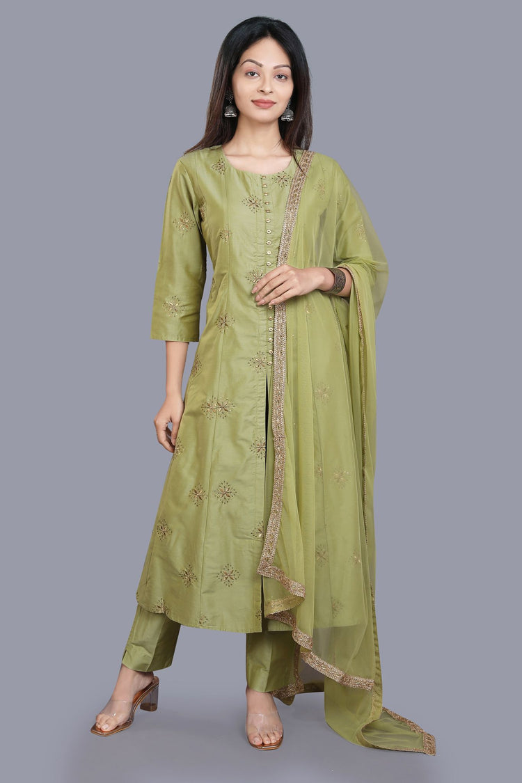 Swarupa Mehandi Green Cotton Silk Embroidered Suit Set