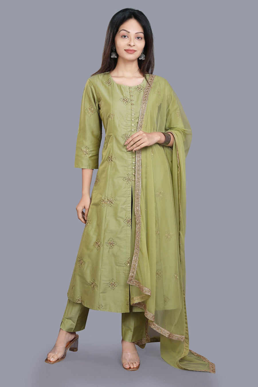 Swarupa Mehandi Green Cotton Silk Embroidered Suit Set