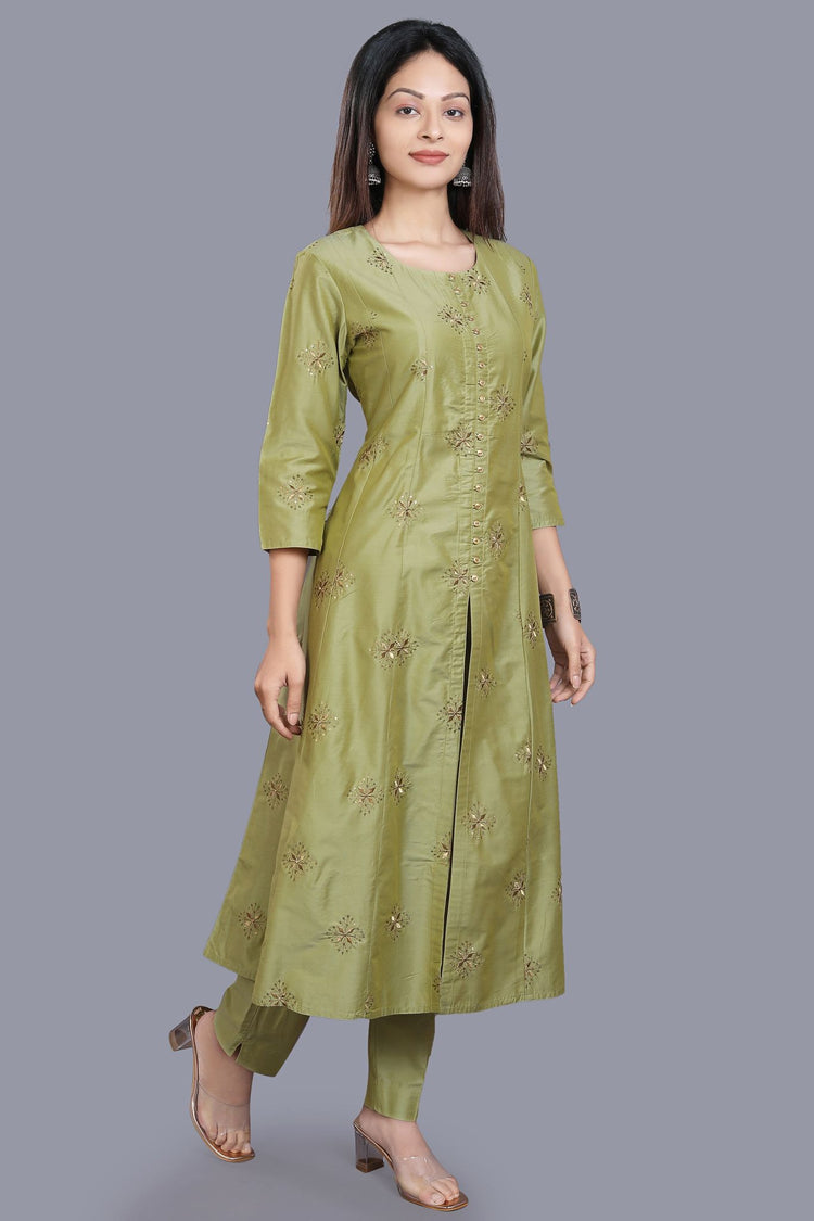 Swarupa Mehandi Green Cotton Silk Embroidered Suit Set